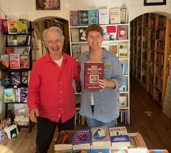 With Mairi, manager Lighthouse Books, Edinburgh